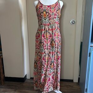 multi color paisley spaghetti strap maxi dress with adjustable straps. Size M